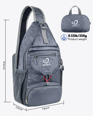 Waterfly Packable Sling Bag grey folded compact demonstrates easy packing for travel.