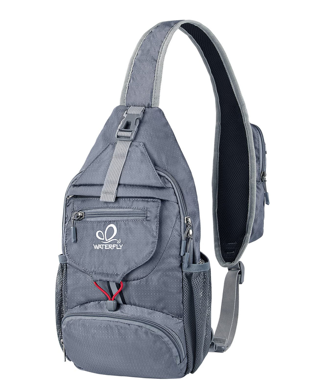 Waterfly Packable Sling Bag grey front shows durable water-resistant shell for everyday adventures.