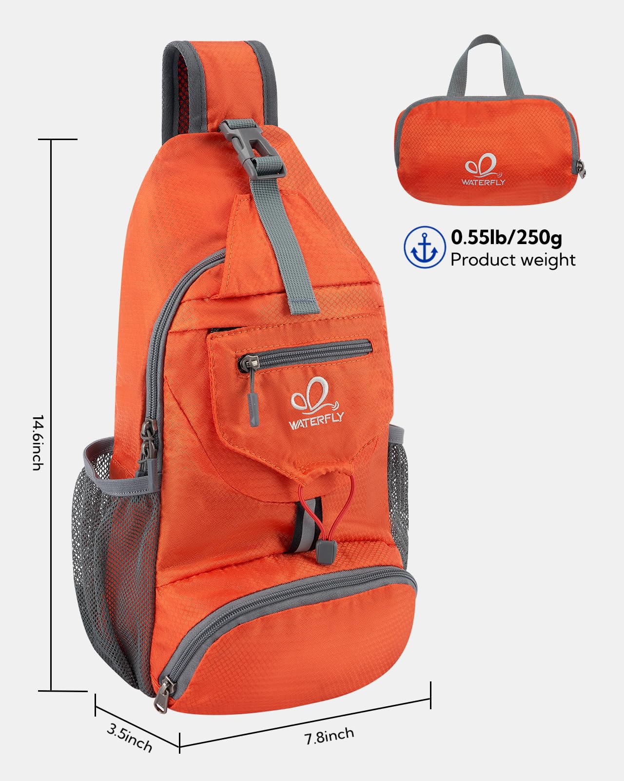 Waterfly packable small crossbody bag expanded size shown with items for reference