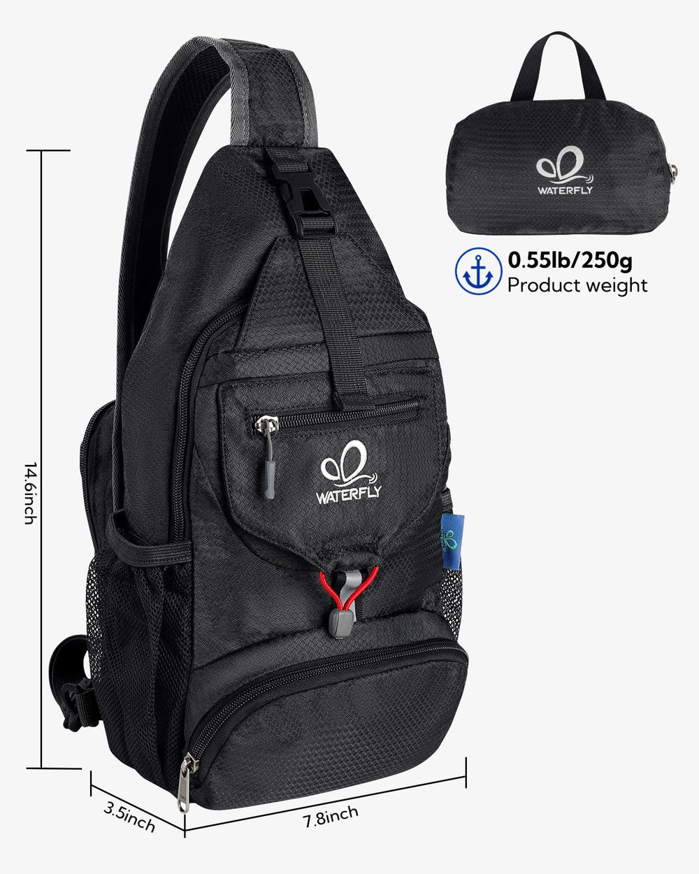 Waterfly packable crossbody bag expanded size demonstrates roomy yet compact daily companion.