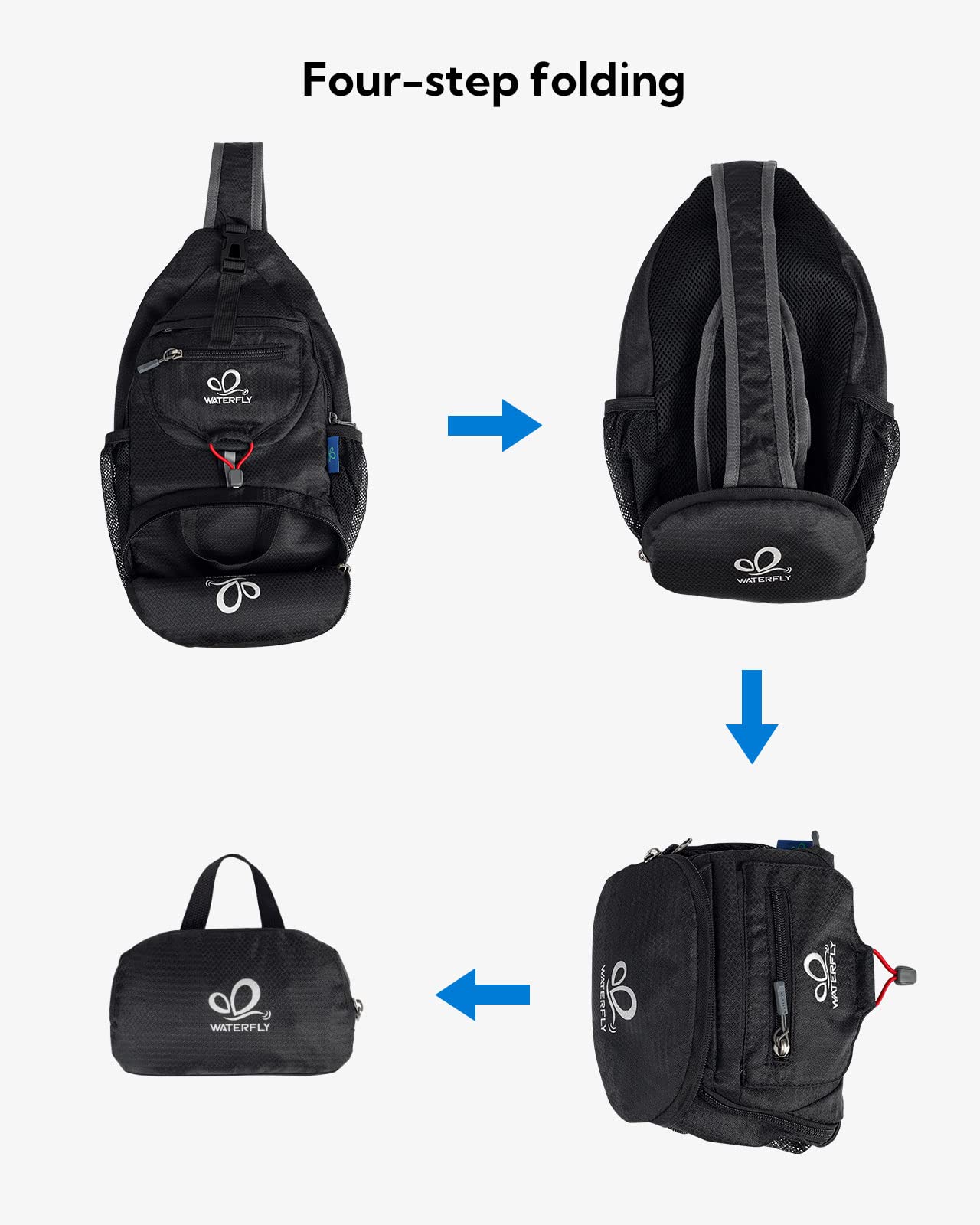 Waterfly packable crossbody bag reversible strap offers versatile wearing options.