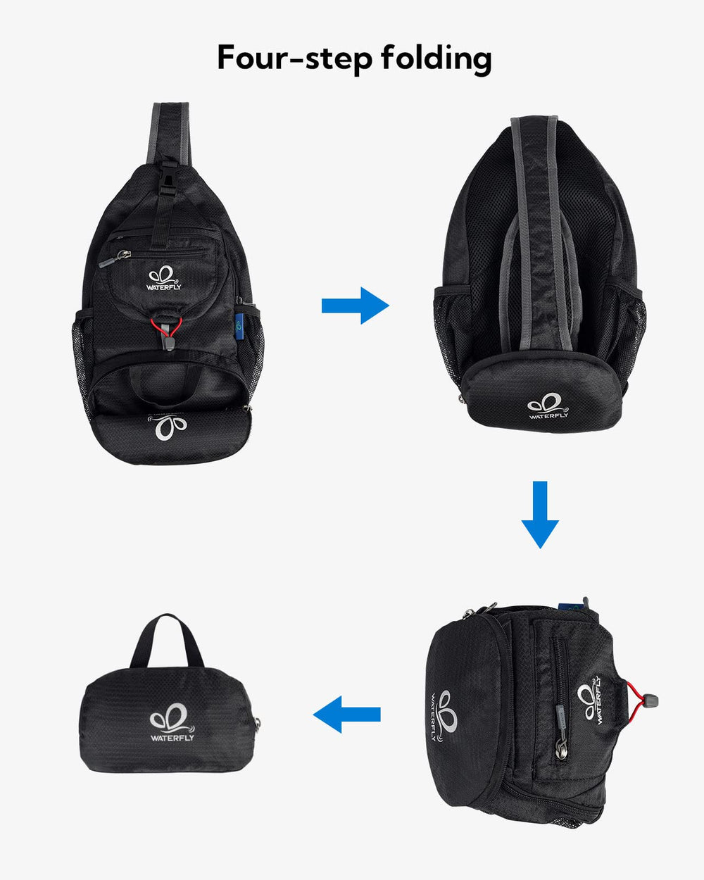 Waterfly packable crossbody bag reversible strap offers versatile wearing options.