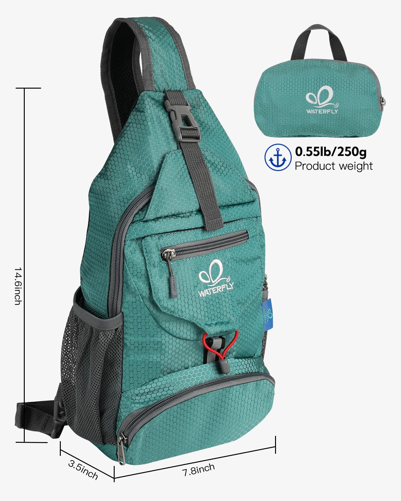 WATERFLY expanded bag size 14.6x7.8x3.5 inches holds essentials