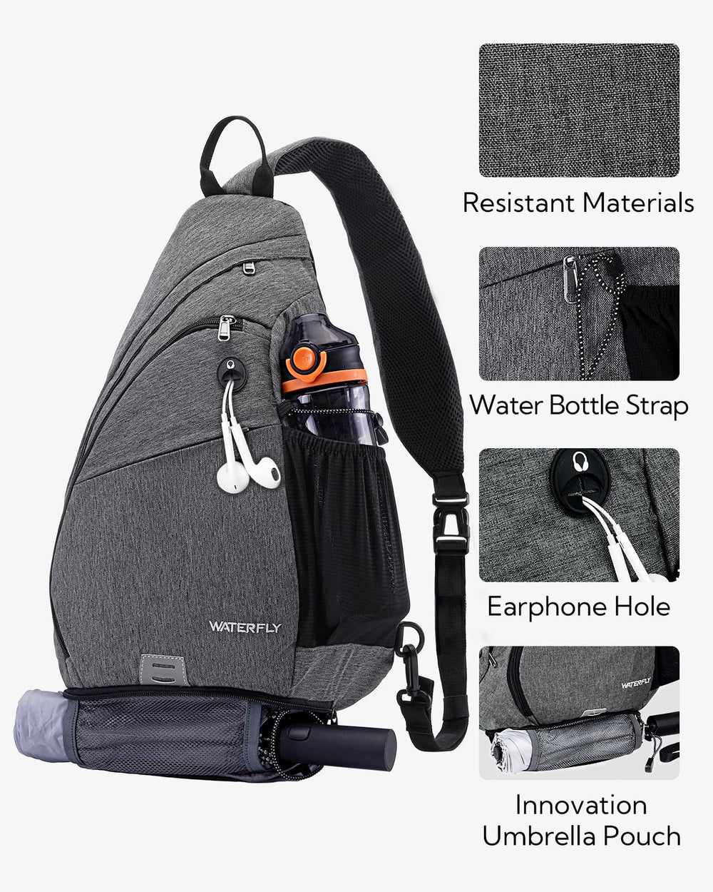 WATERFLY sling bag adjustable strap supports left- or right-handed wear.