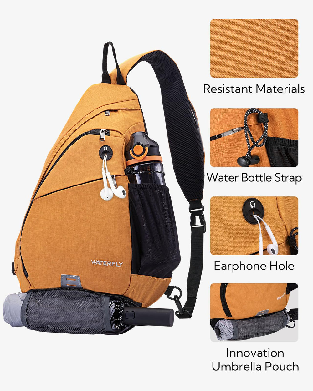 WATERFLY Sling Bag adjustable strap supports comfortable wear on either side.