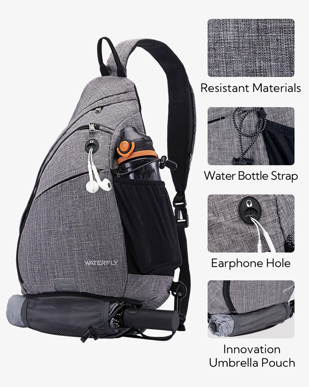Waterfly sling bag hidden back pocket for quick essentials.
