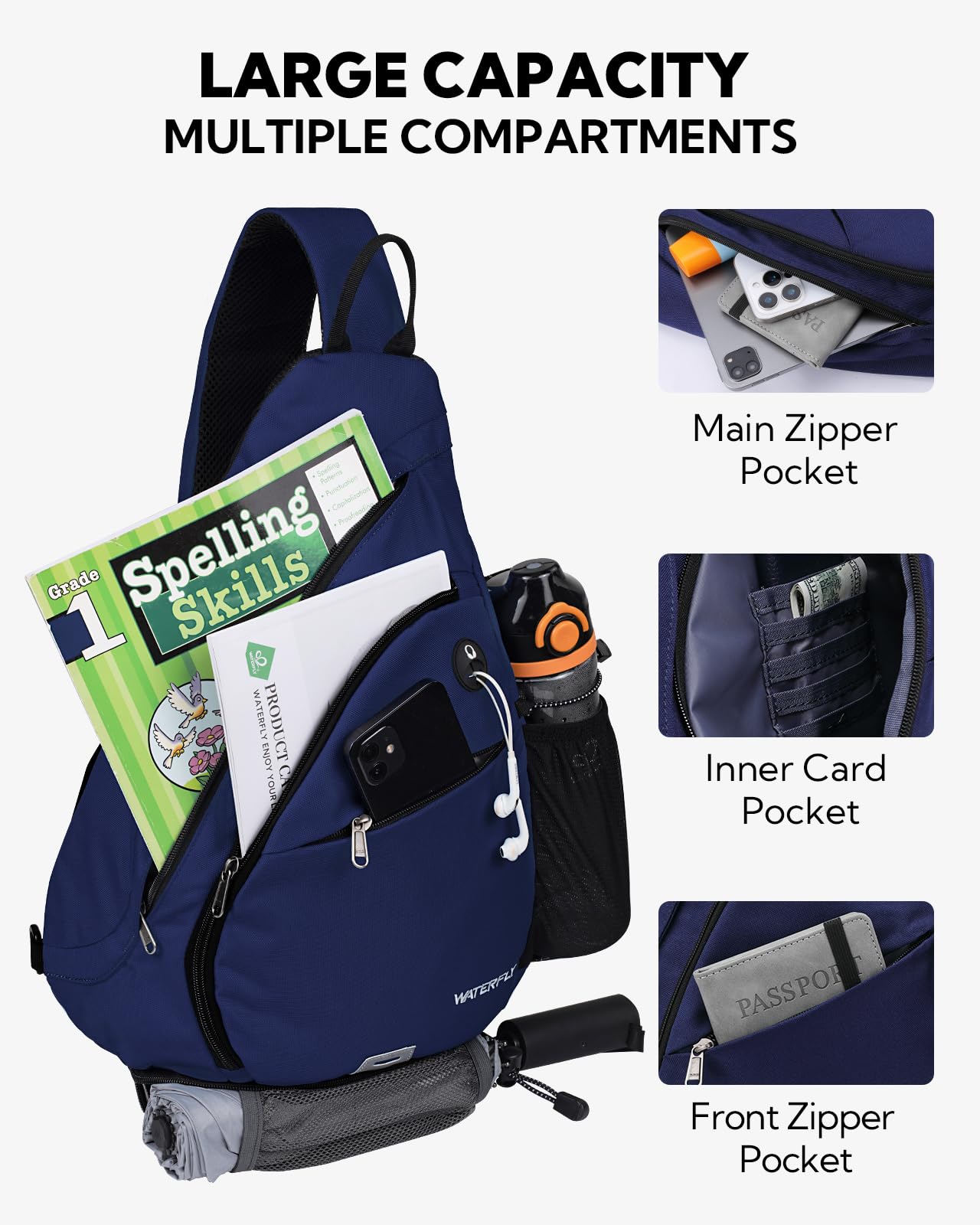 WATERFLY sling bag interior showing main compartment fit