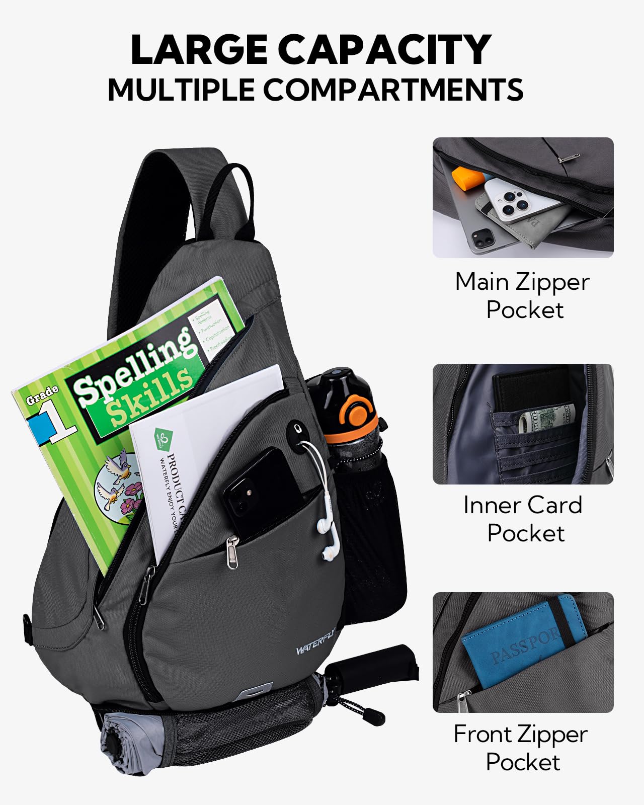 WATERFLY sling bag interior layout reveals seven pockets organized storage