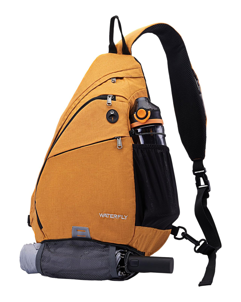 WATERFLY Sling Bag main compartment fits a 13-inch laptop for on-the-go use.