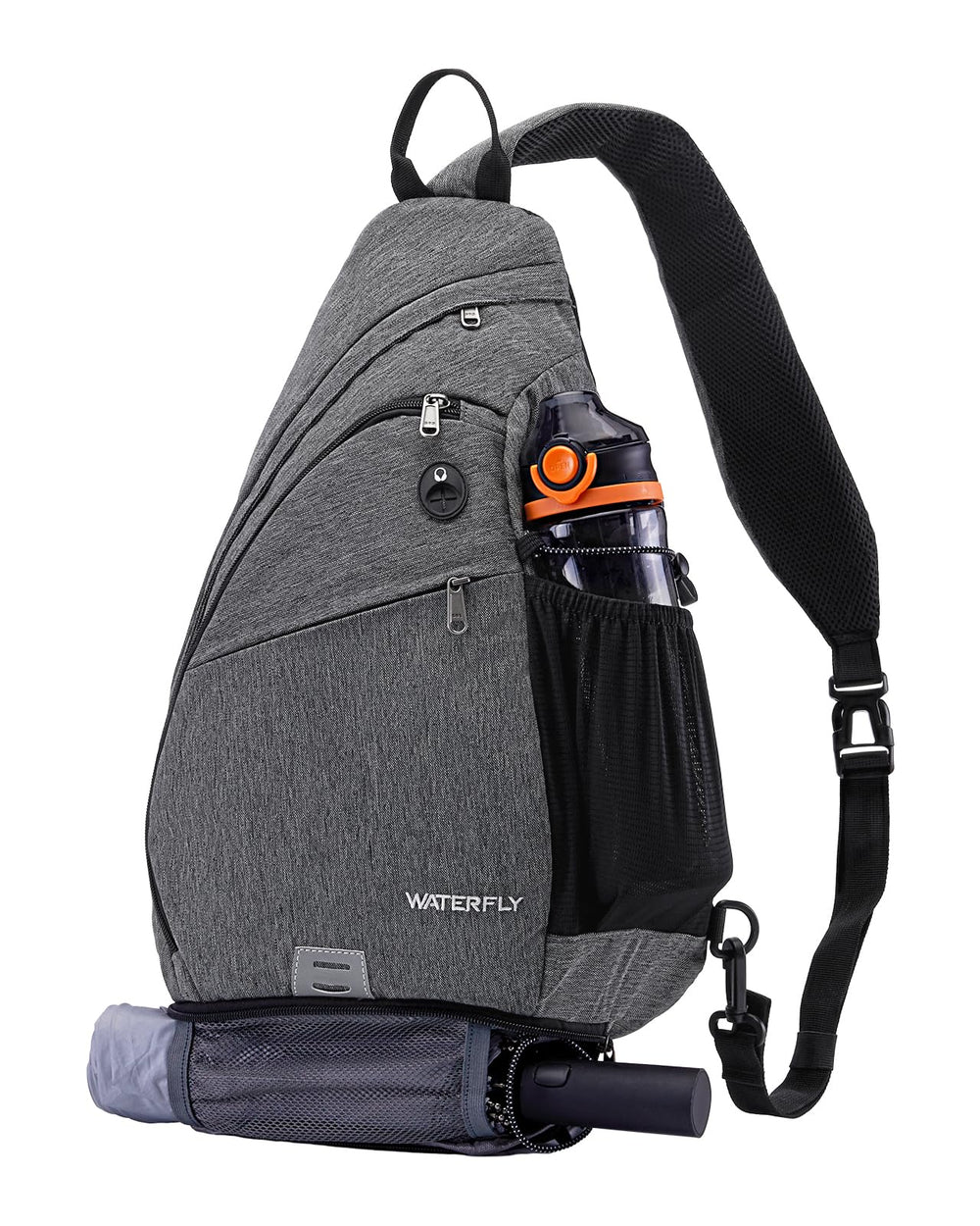 WATERFLY sling bag main compartment fits a 13-inch laptop for daily use.