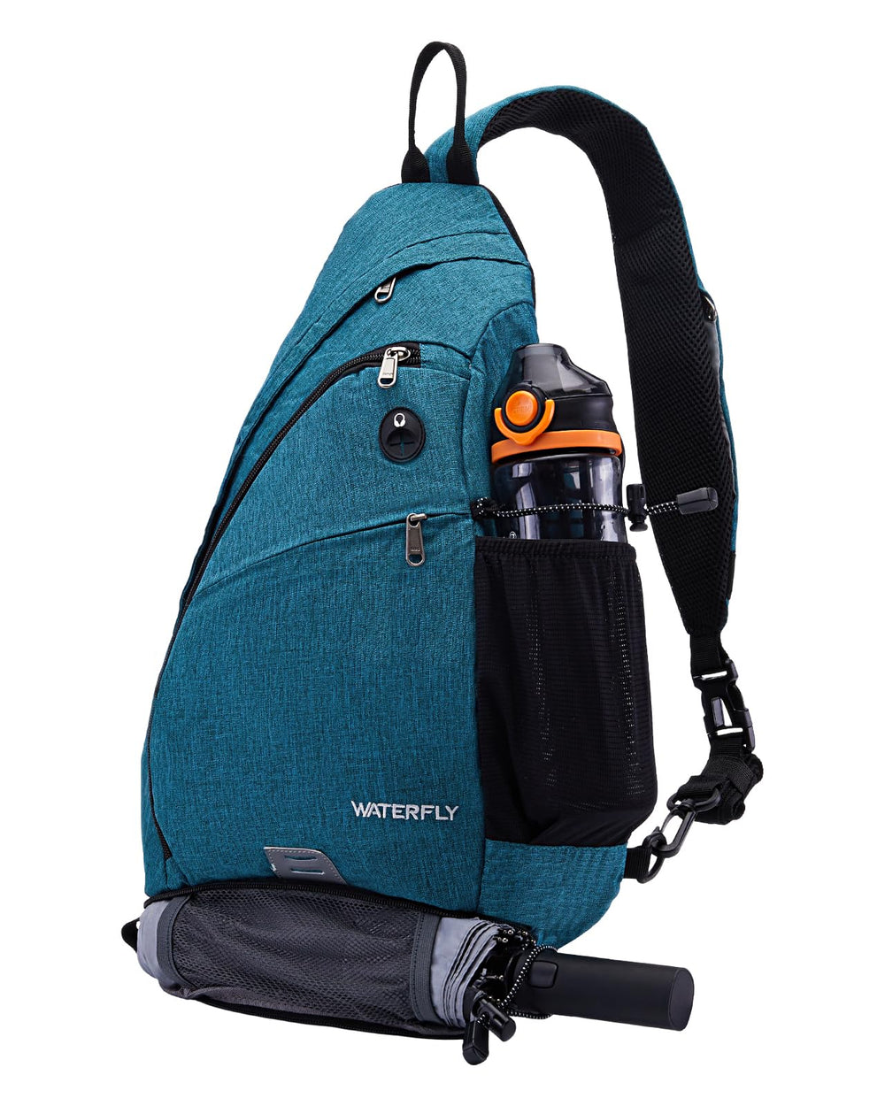 Waterfly sling bag main pocket fits a 12-inch tablet for quick access