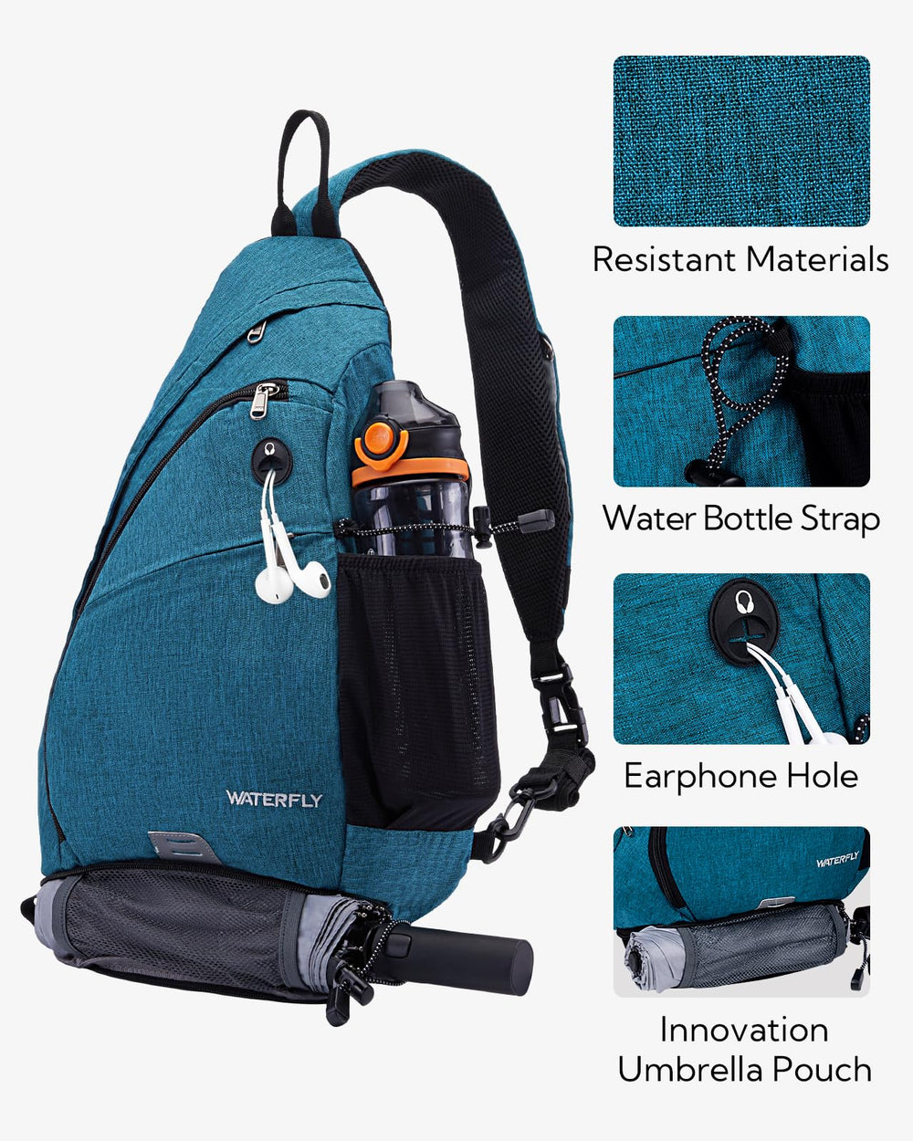 Waterfly sling bag side bottle pocket for on-the-go hydration