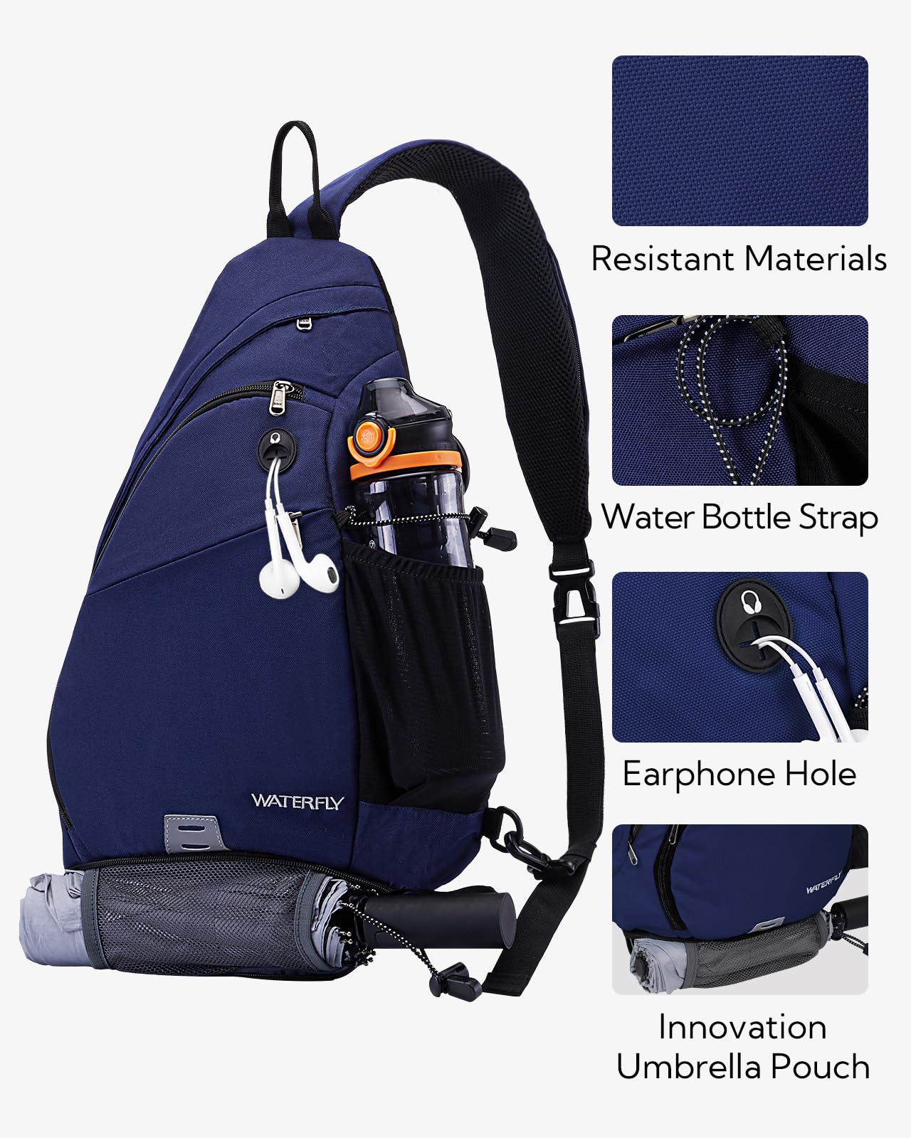 WATERFLY sling bag side water bottle holder for easy access
