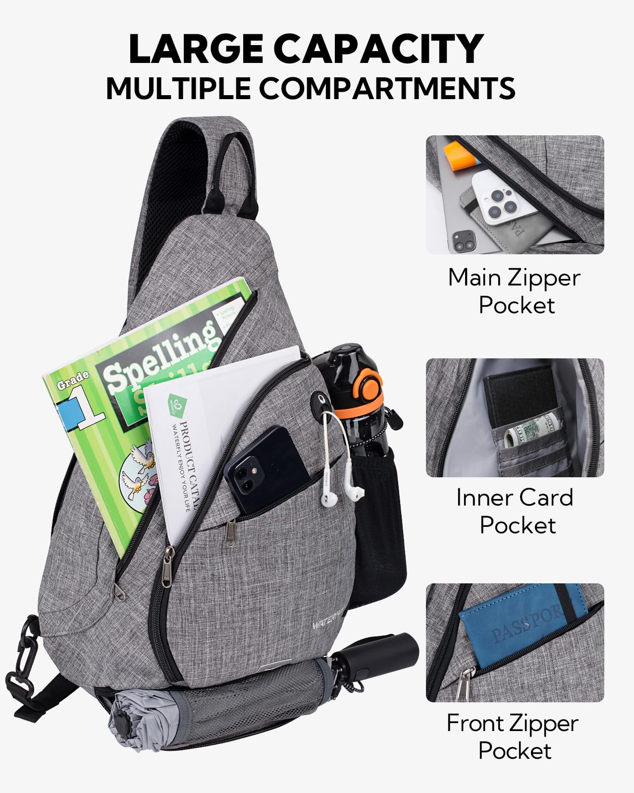 Waterfly sling bag side water bottle holder for stable outdoor access.