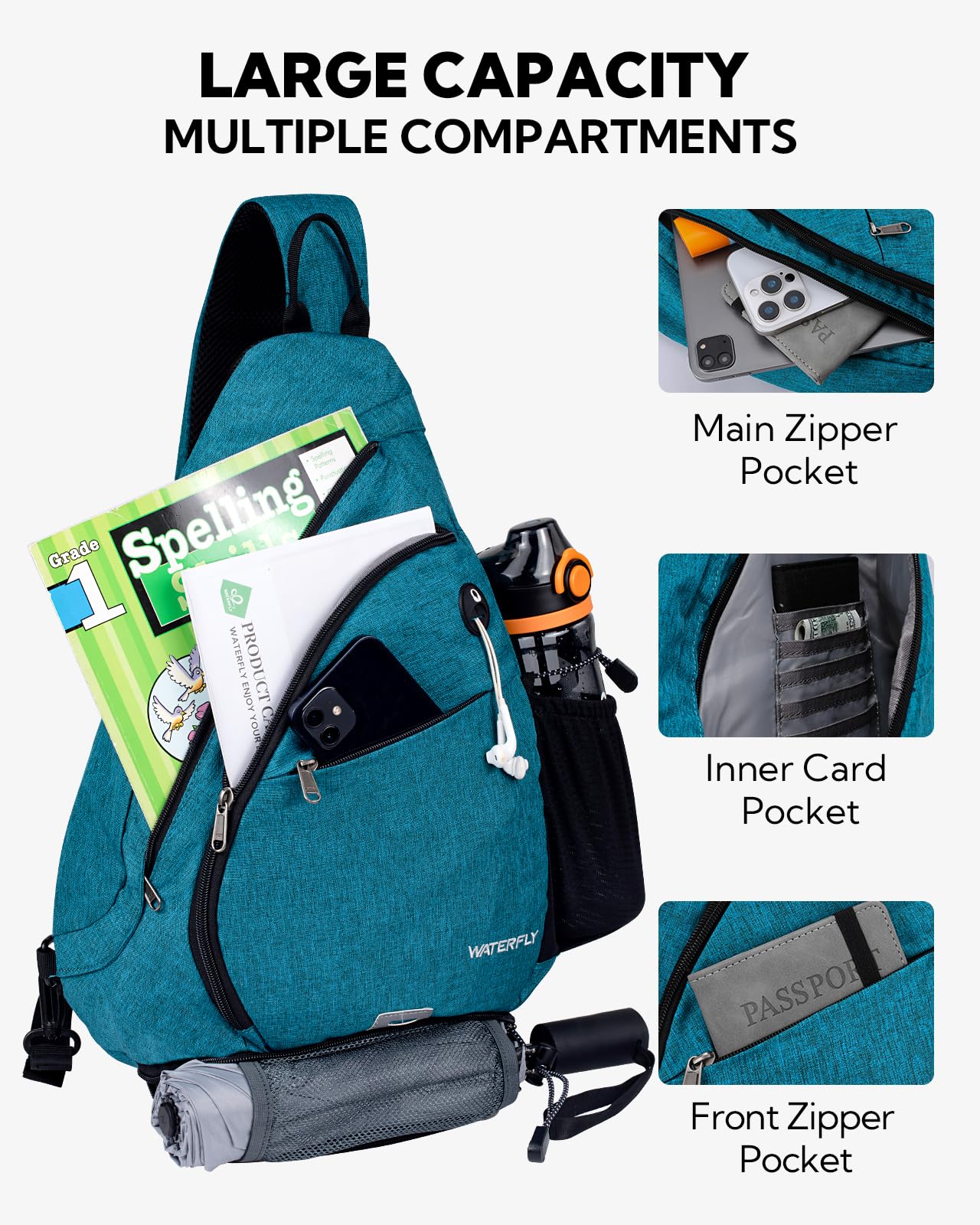 Waterfly sling bag umbrella-pocket keeps rain gear ready