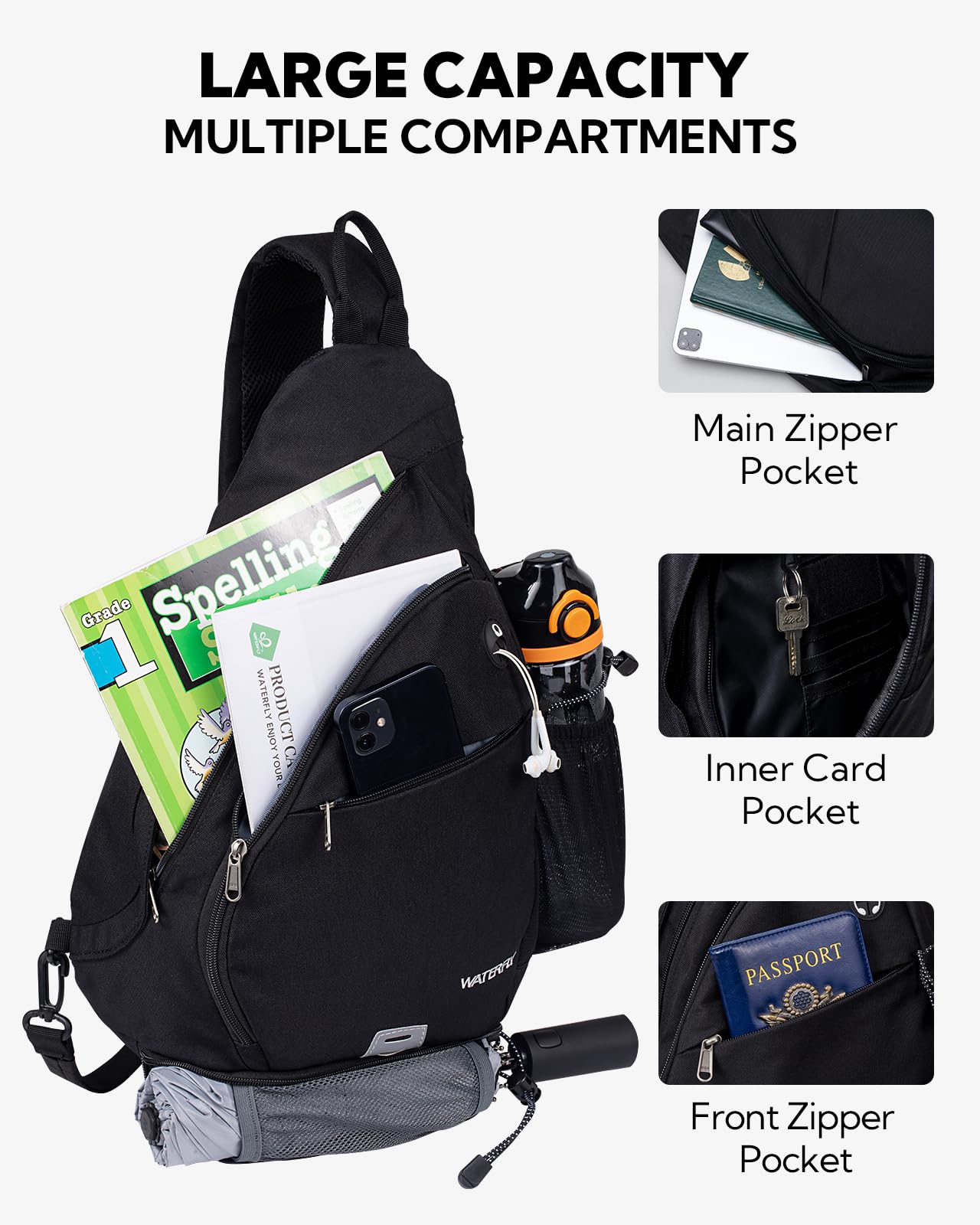 Waterfly Sling Bag water bottle holder provides easy drink access on the go.
