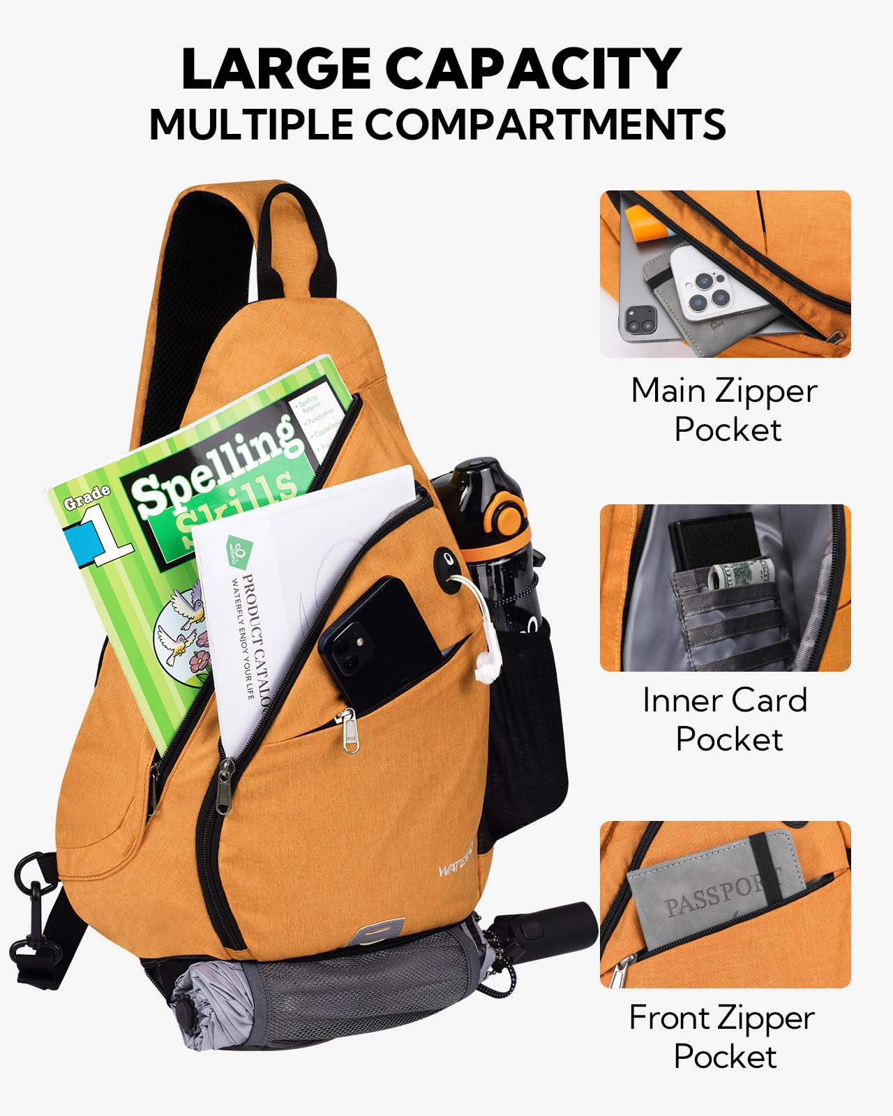 WATERFLY Sling Bag side water bottle holder stays secure during activity.