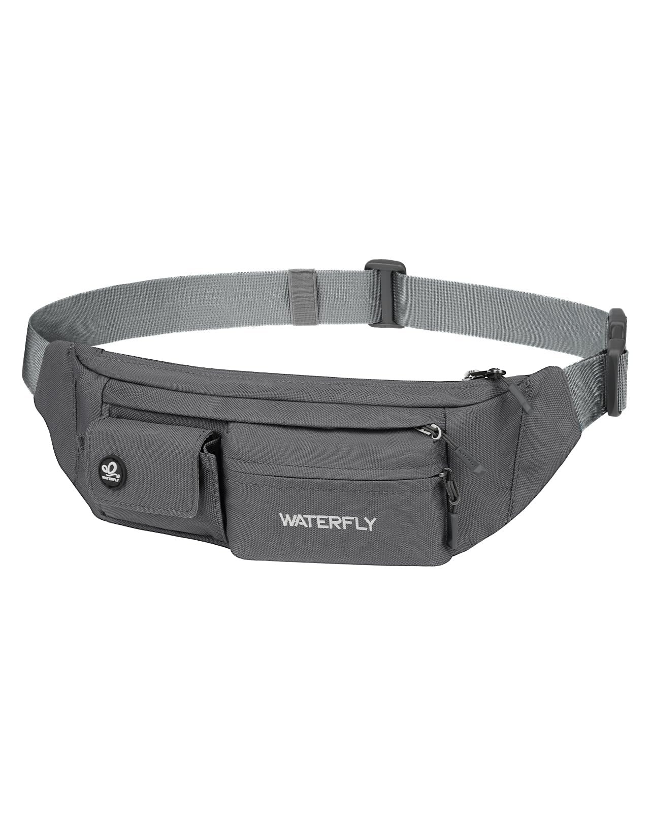 Waterfly small crossbody fanny pack gray strap holds essentials on the go.