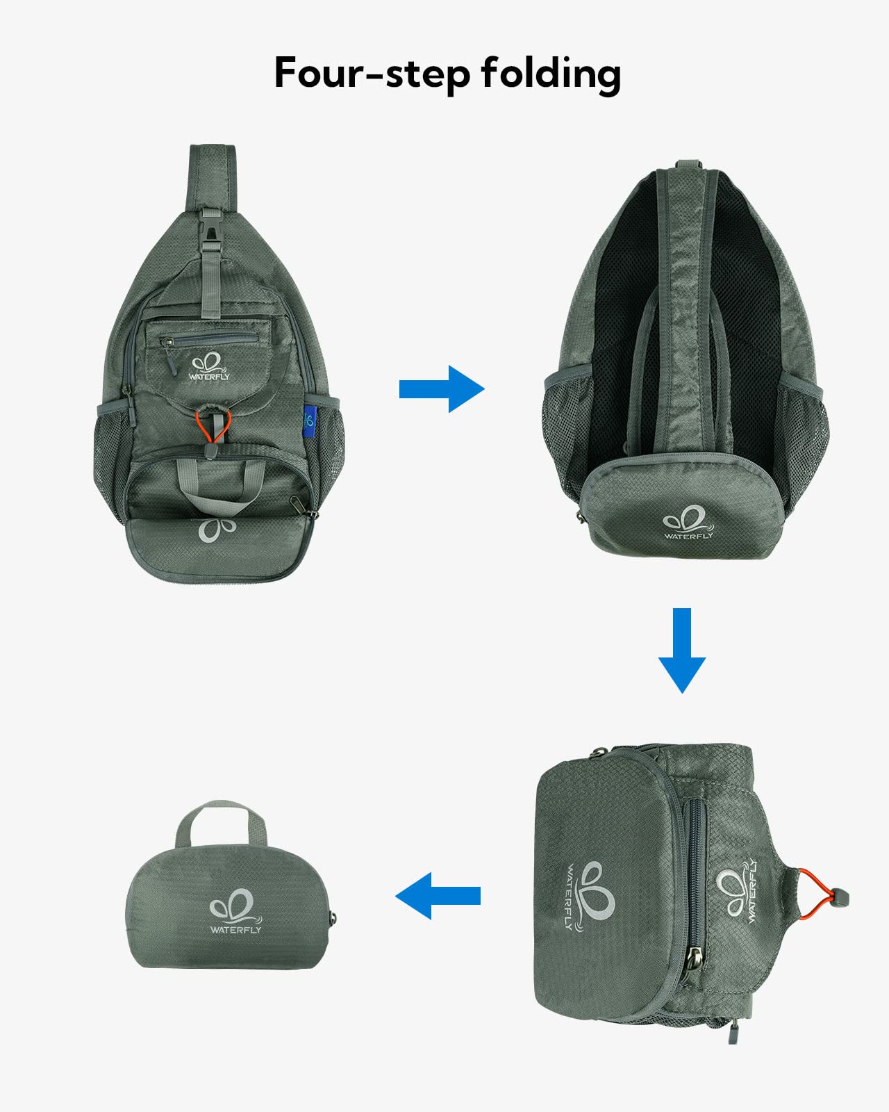 Waterfall travel daypack use-cases gray worn across body during exploration.