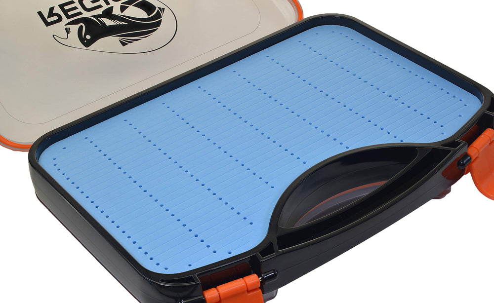 Closed fly box displaying secure snap seal and carrying handle