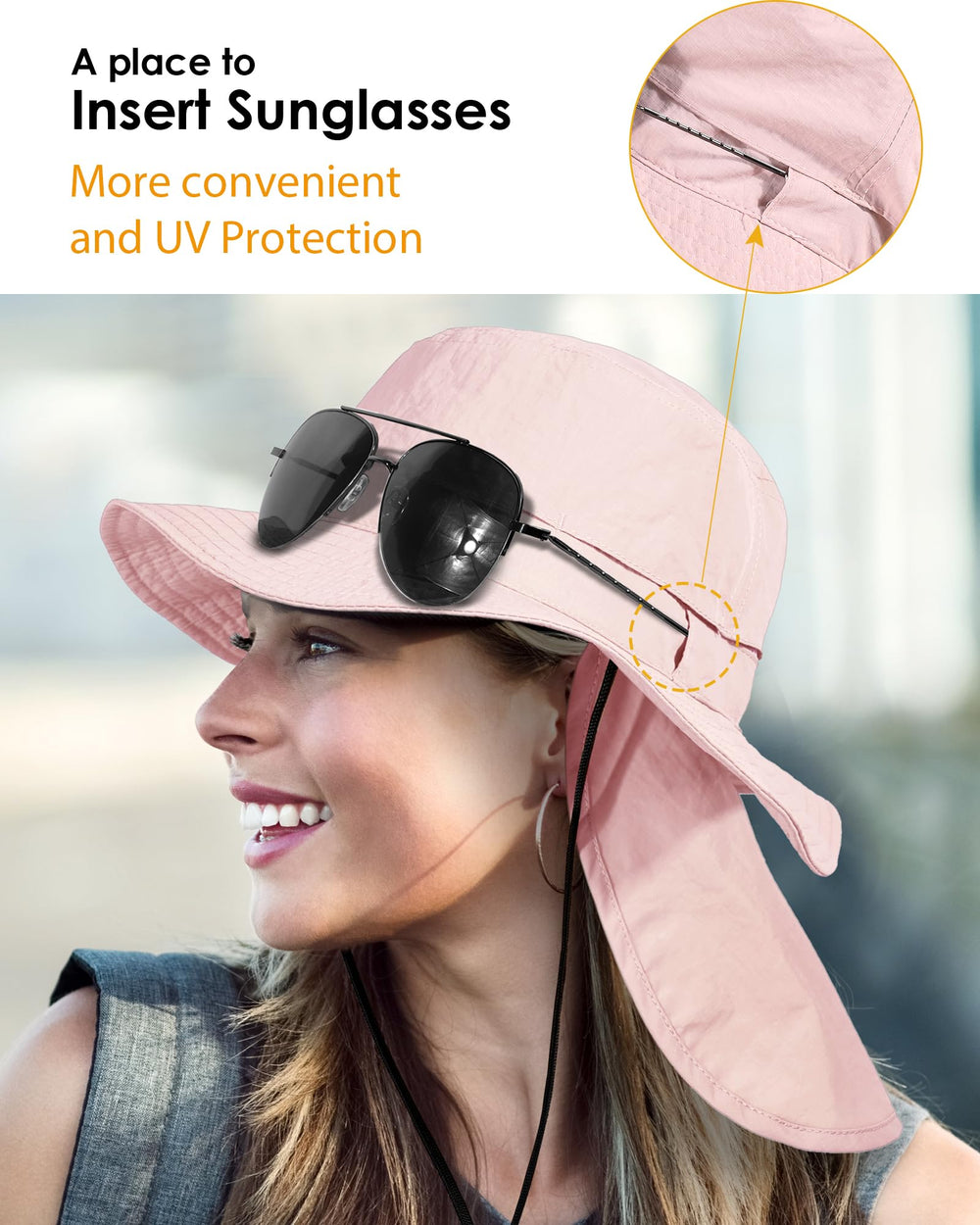 Removable 8.3-inch neck flap extended for neck UV protection