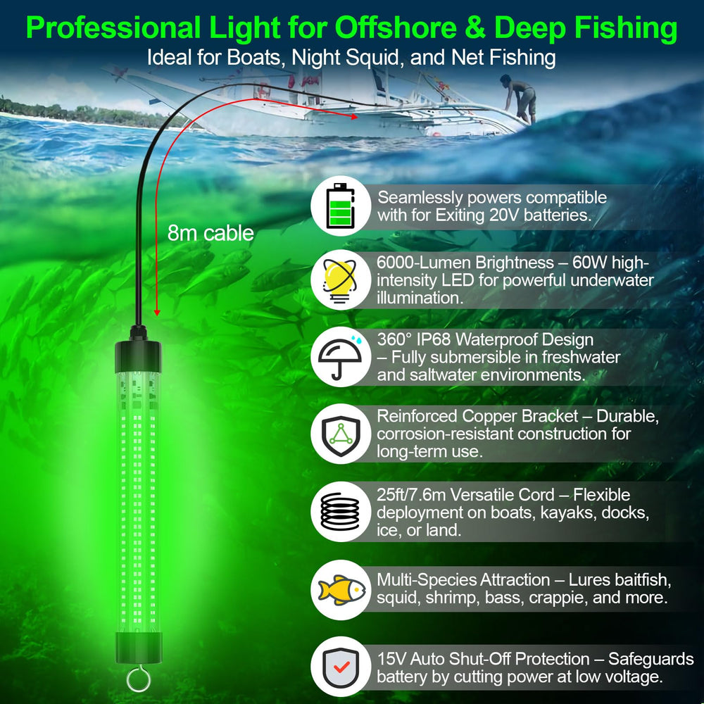 Submersible LED fishing light for ice and water fishing