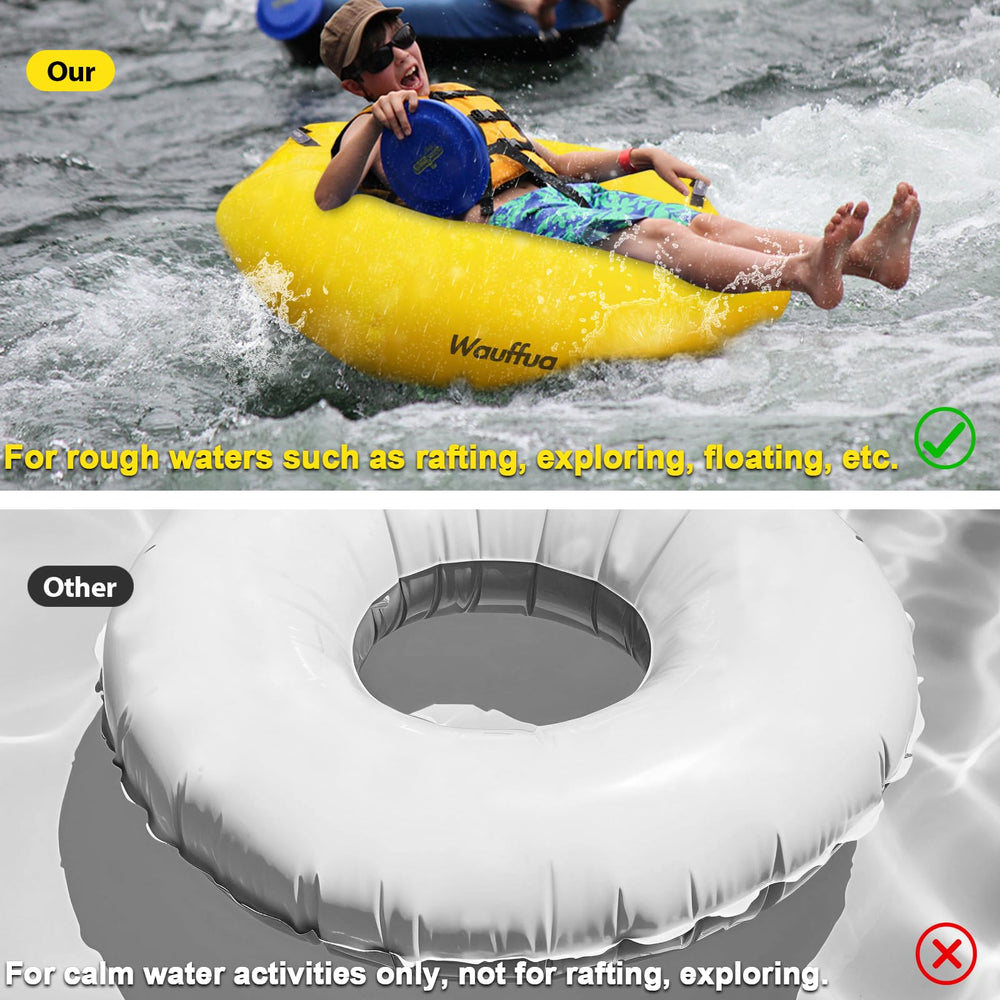 Bright colored river float with two handles visible