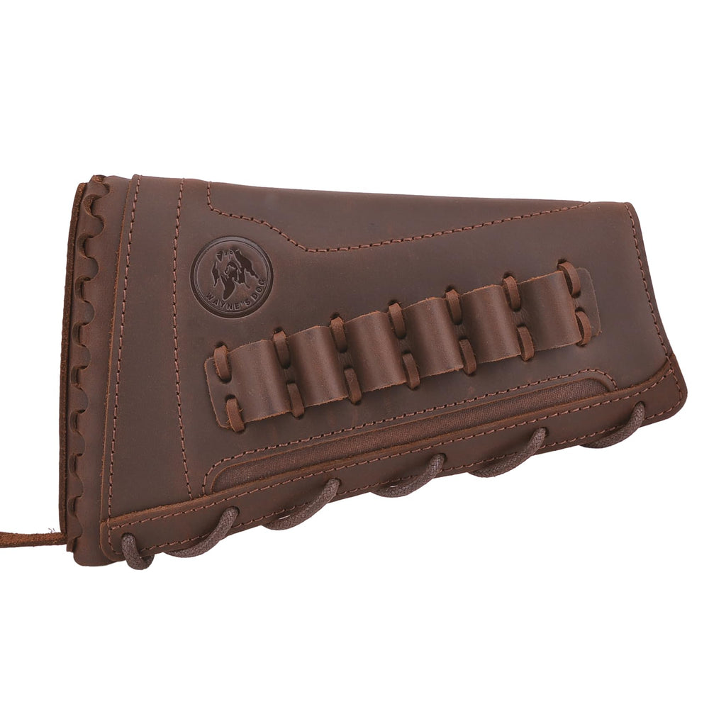 Wayne's Dog leather buttstock pad front view for recoil-friendly rifle comfort.