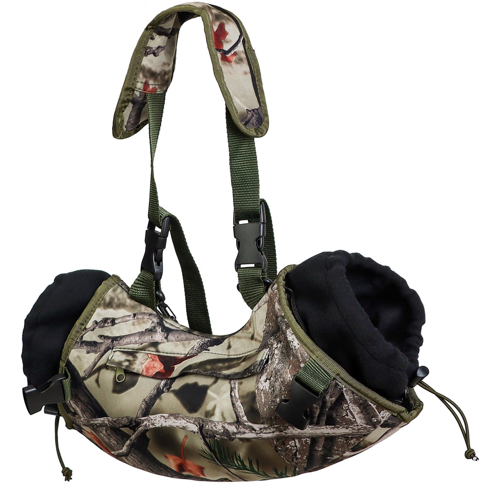 WBCBEC warming pouch camo front view shows stealth camouflage for hunting comfort