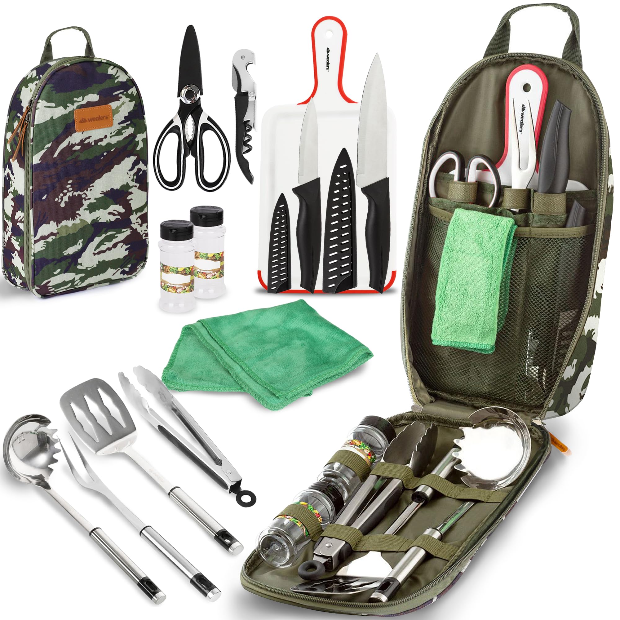 Wealers camp kitchen utensil set in compact case keeps tools neatly organized for outdoor cooking.