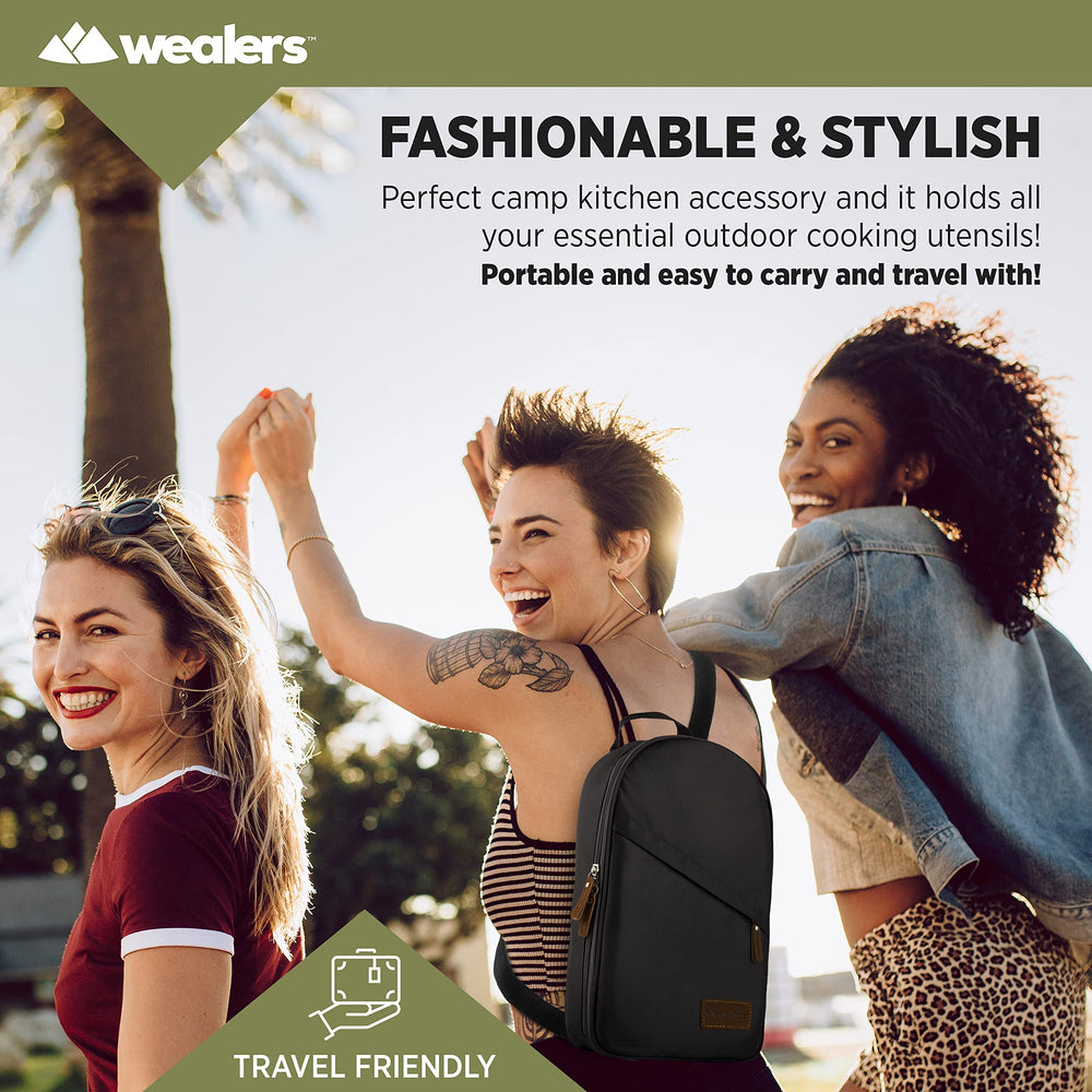 Wealers camping utensils in woven multicolor pattern for outdoor dining.