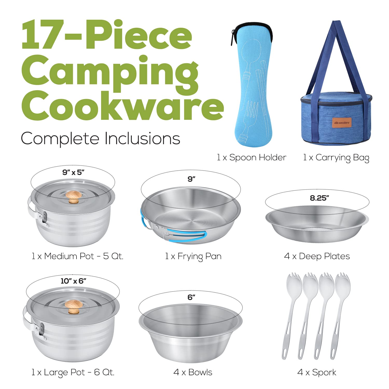 Wealers stainless steel cookware close-up shows dent-resistant, durable camping gear