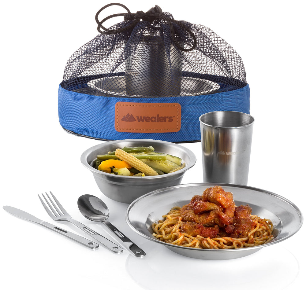 Wealers two-person set with cups plates and bowls ideal for car camping.