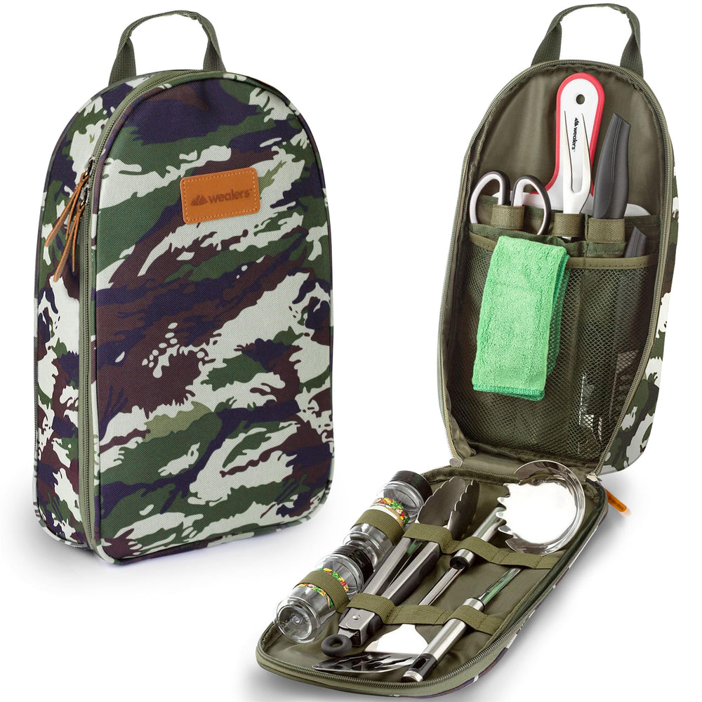 Wealers travel organizer closeup showcases rugged woven shell protecting utensils on camping trips.