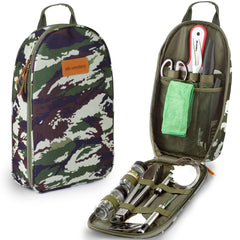 Wealers travel organizer closeup showcases rugged woven shell protecting utensils on camping trips.
