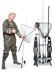 Wealers vertical rod holders hold poles in rack for easy access.