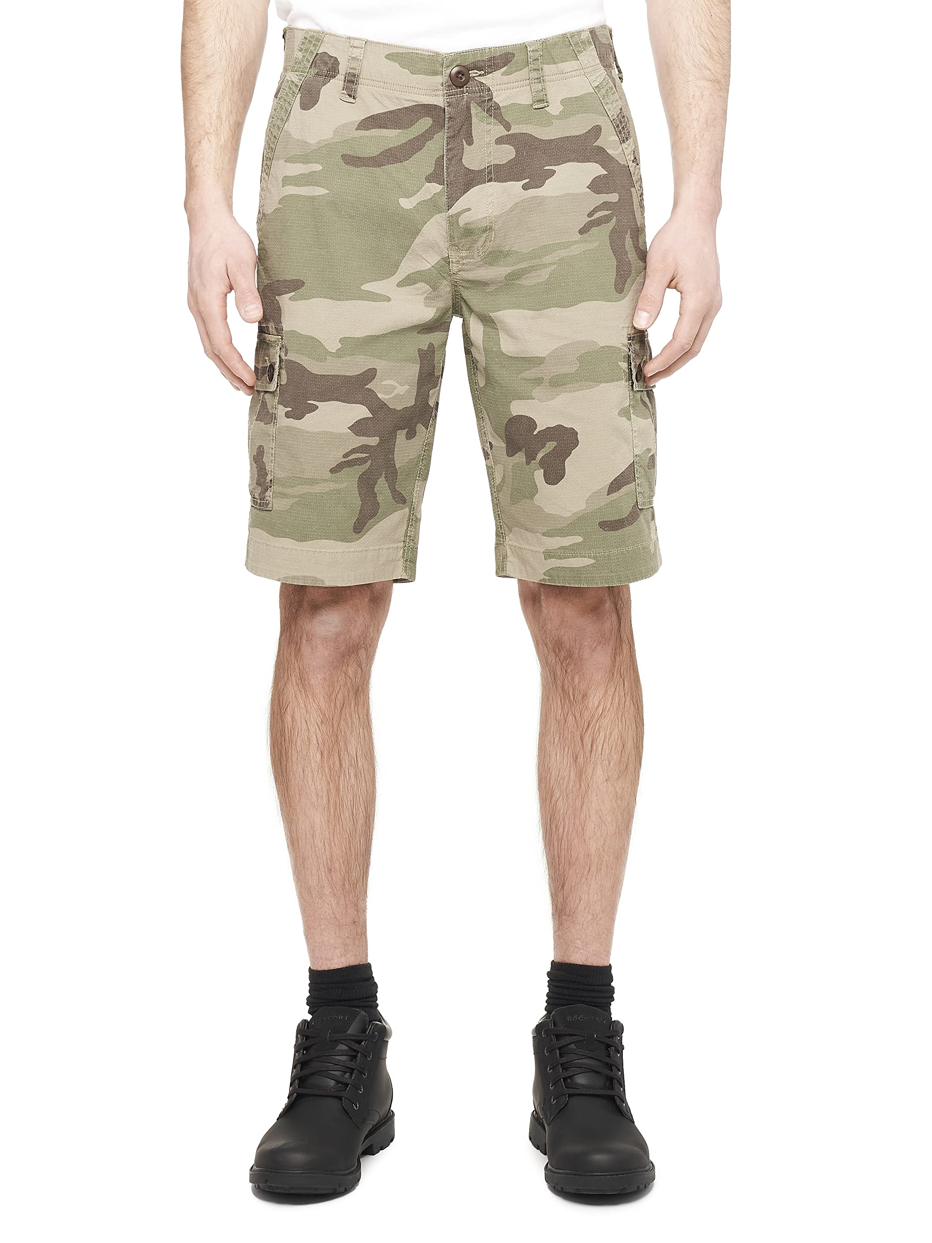 Wearfirst men's camo cargo shorts front view showing stretch fabric for movement