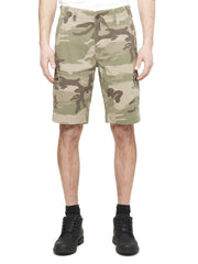 Wearfirst men's camo cargo shorts front view showing stretch fabric for movement