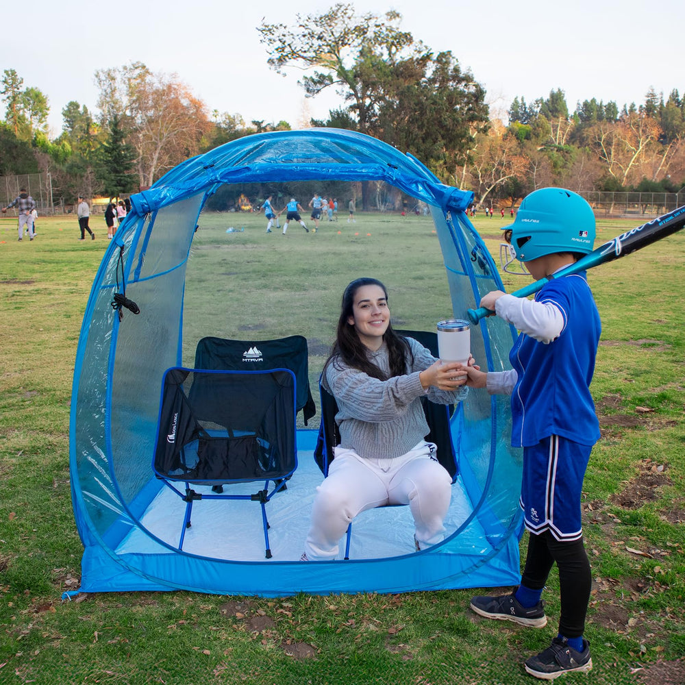 Weather Proof Pod sports tent front view in blue provides quick shelter at outdoor events.