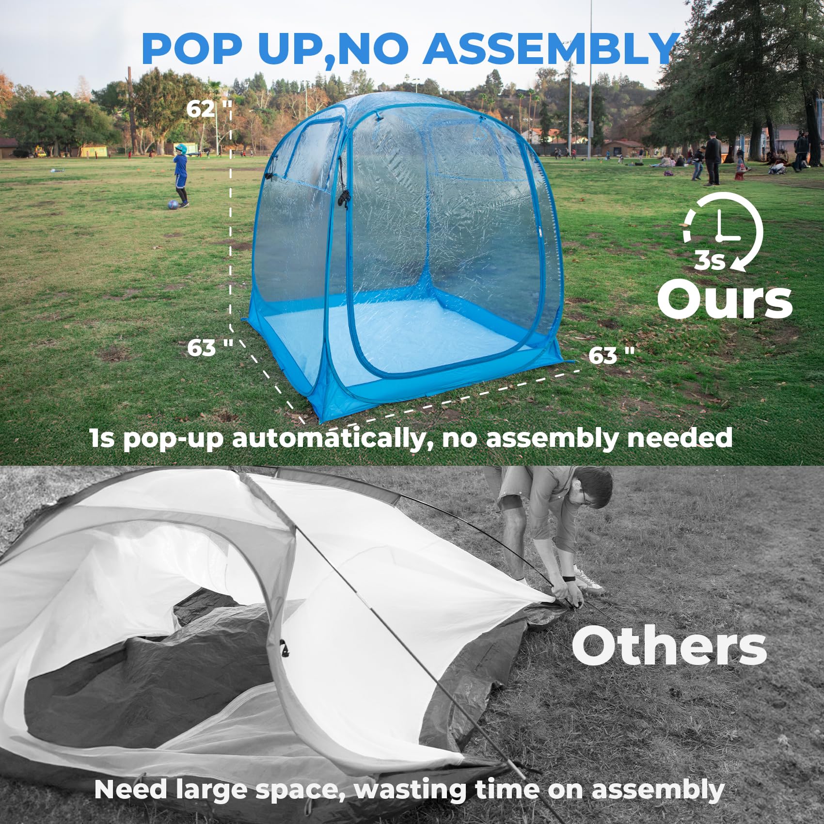 Weather Proof Pod sports tent sealed floor keeps belongings dry during outdoor use.