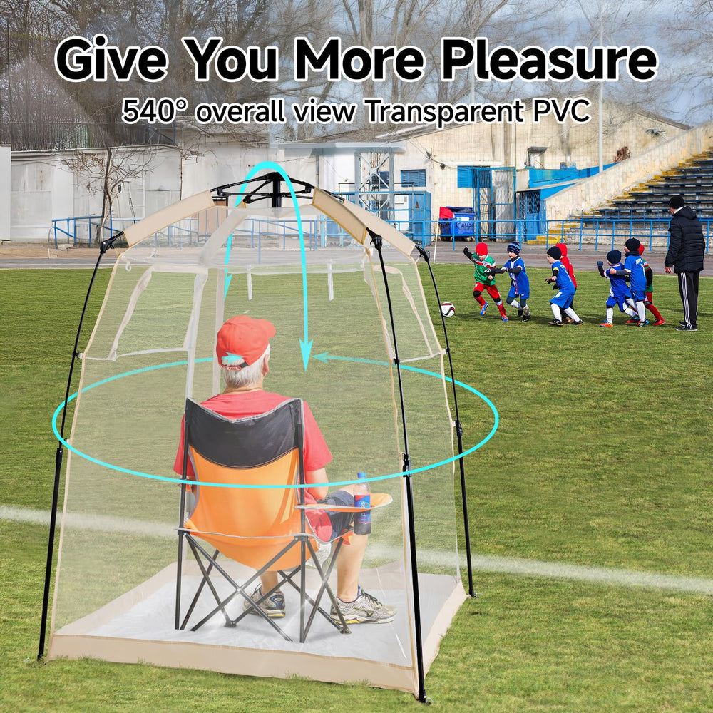 Weather Proof Pod sports tent sealed floor keeps belongings dry during rain.