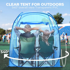 Weather Proof Pod sports tent side view highlights sealed floor keeping gear dry.