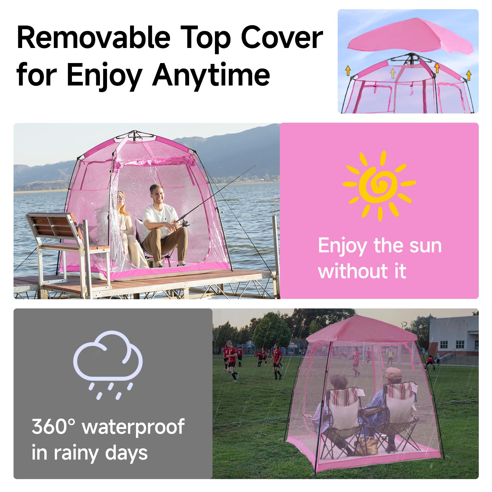 Weather Proof Pod top cover removed pink offers sun and ventilation options