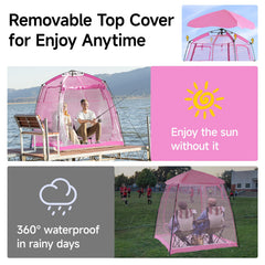 Weather Proof Pod top cover removed pink offers sun and ventilation options