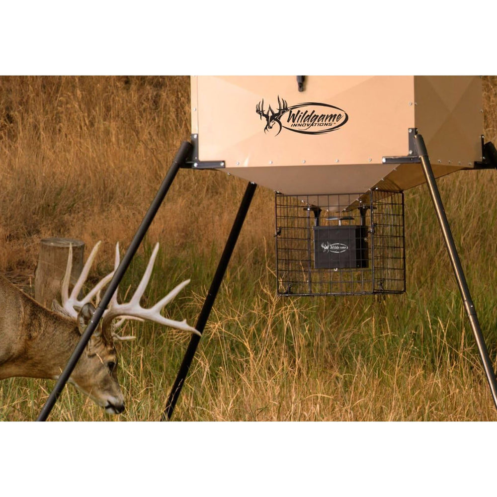 Varmint cage design shows flat-box layout and secure mounting on a game feeder