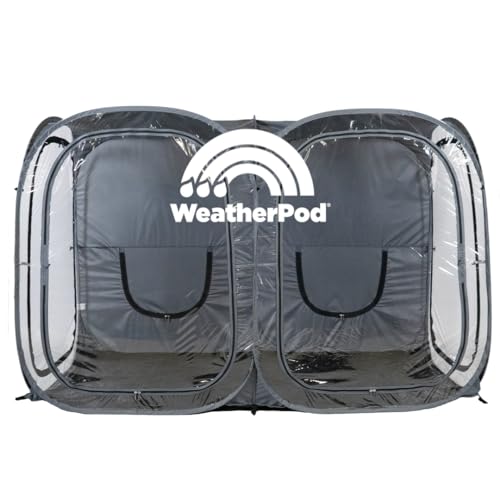 WeatherPod original side-by-side pod shelters three adults for outdoor comfort.