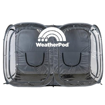 WeatherPod original side-by-side pod shelters three adults for outdoor comfort.