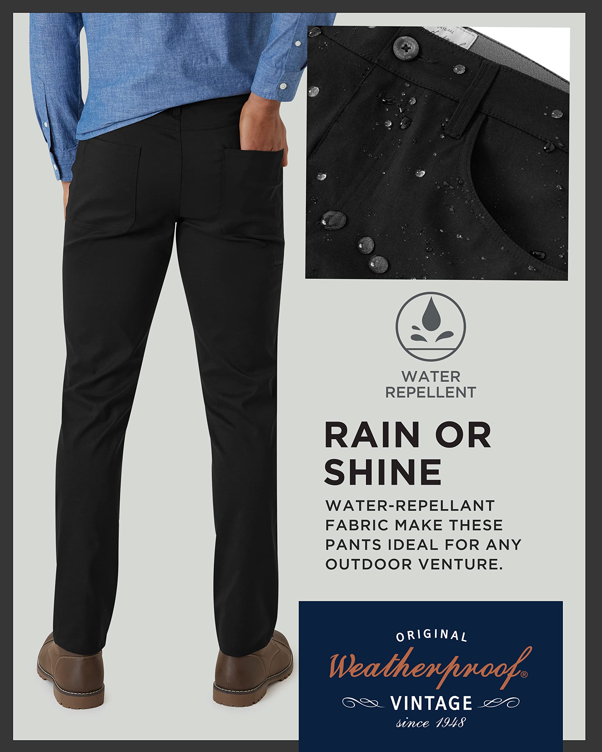 Weatherproof Vintage pants packable for easy travel and storage.