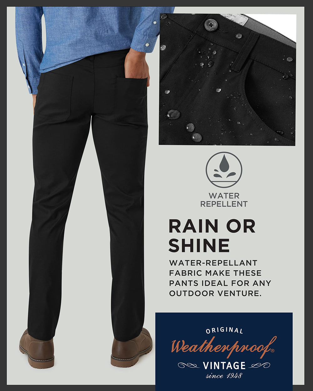 Weatherproof Vintage pants packable for easy travel and storage.