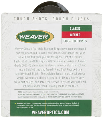 Weaver four-hole skeleton ring saddle height 0.610 inches clears large objective lenses for comfortable sightlines.